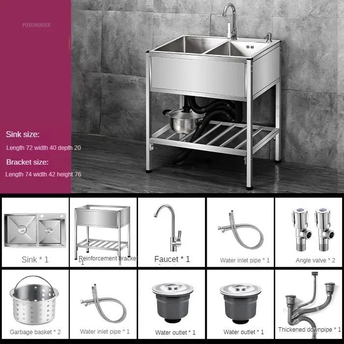 Pia de cozinha simples com bacia dupla, para sala de jantar, suporte reforçado,