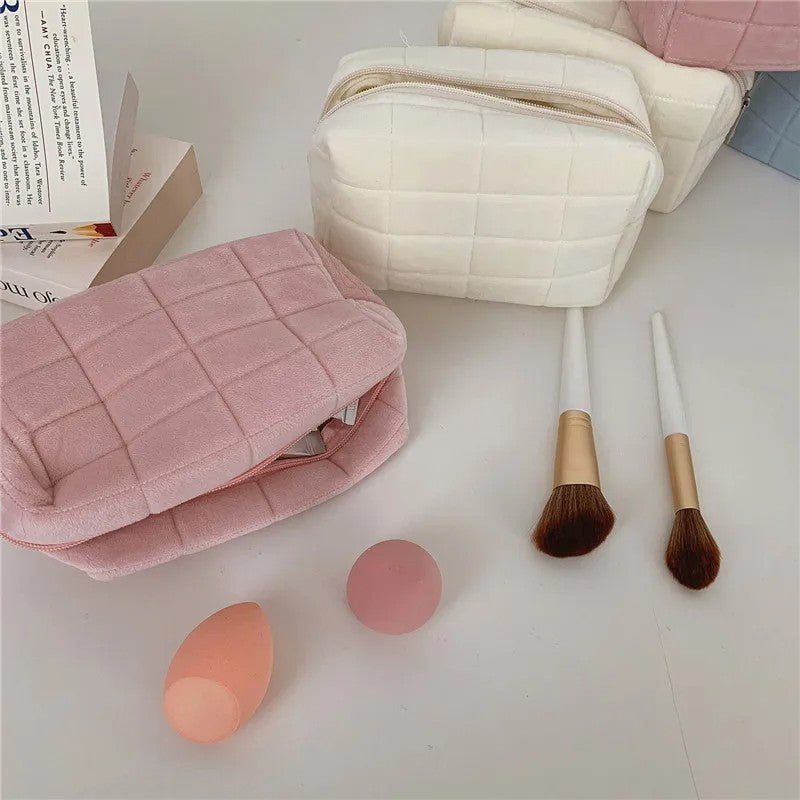 Bolsa de armazenamento de cosméticos de pele sólida, grande, feminina, zíper,