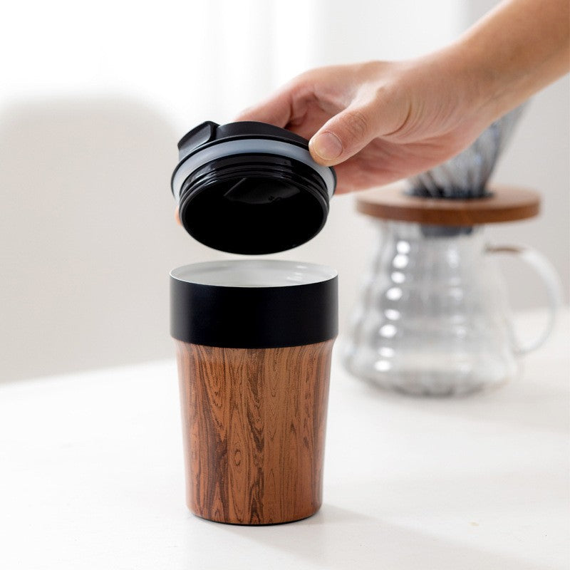 Caneca de café portátil de grãos de madeira com tampa Copo isolado a vácuo C