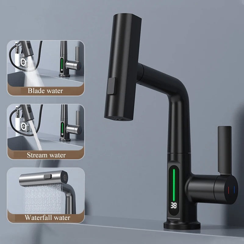 Torneira para lavatório com display digital inteligente, 3 funções, Puxe o Bi