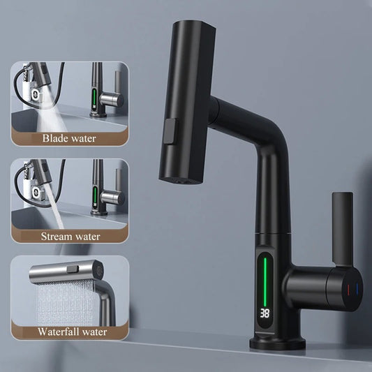 Torneira para lavatório com display digital inteligente, 3 funções, Puxe o Bi