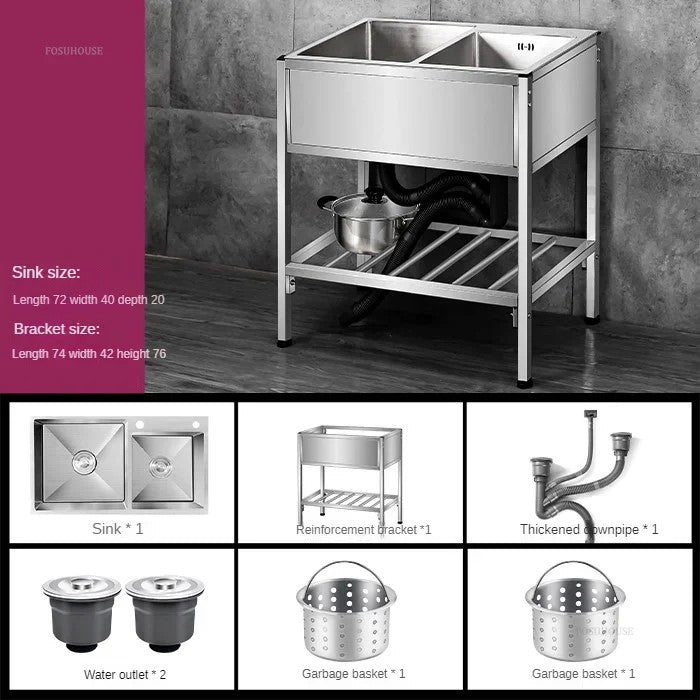 Pia de cozinha simples com bacia dupla, para sala de jantar, suporte reforçado,
