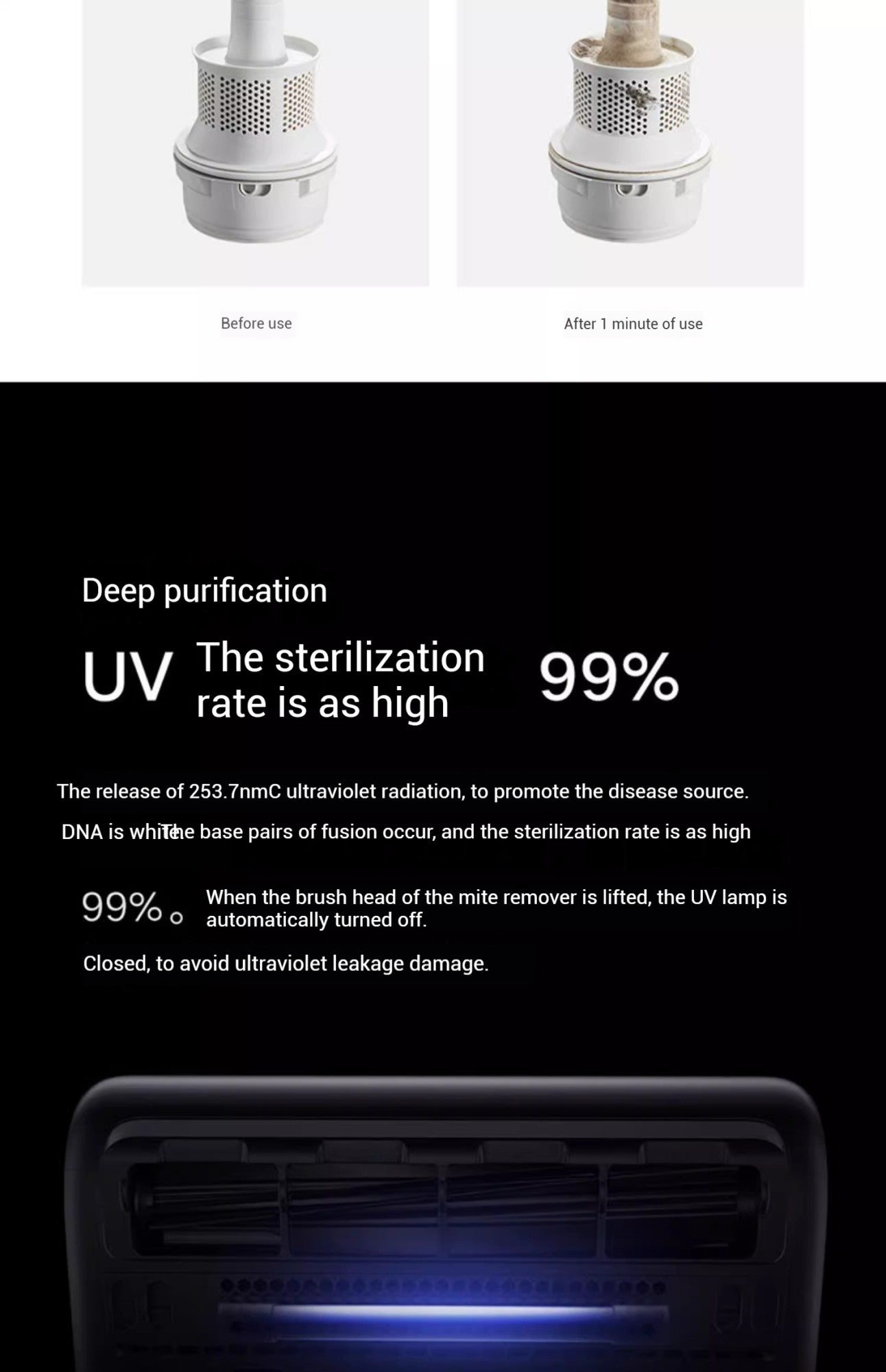 Xiaomi mijia removedor de ácaros sem fio escova esterilização uv 16kpa instru