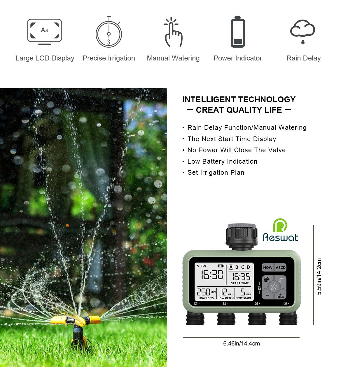 Reswat temporizadores de água de 4 saídas, aspersores multifuncionais, adaptação de vários calibres, instalação conveniente, ferramentas de jardim para jovens