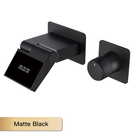 Torneira inteligente de latão preto para banheiro com design de display digital