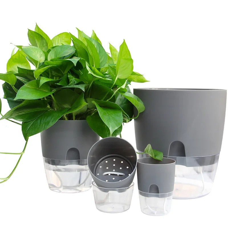 Vaso de flores de plástico transparente, camada dupla, rega automática, corda