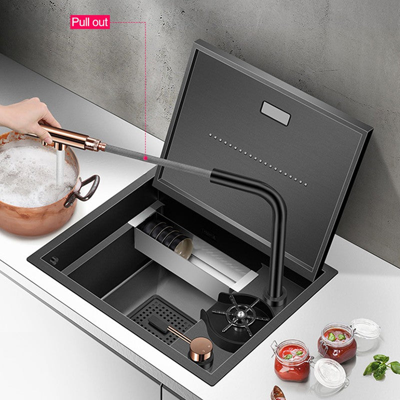 Nanômetro escondido barra ilha pia de cozinha 304 aço inoxidável flip capa es
