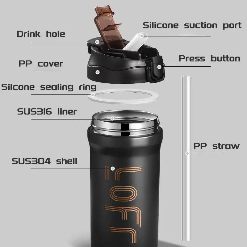 Caneca de café térmica com canudo, 600ml/21oz, parede dupla isolada, sublimaç