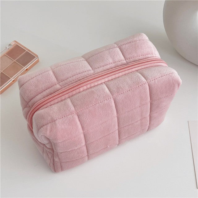 Bolsa de armazenamento de cosméticos de pele sólida, grande, feminina, zíper,