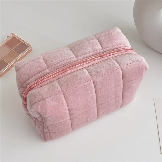 Bolsa de armazenamento de cosméticos de pele sólida, grande, feminina, zíper,
