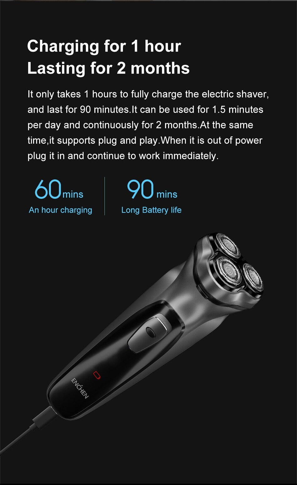 Barbeador rotativo elétrico Enchen Blackstone para homens, lâmina flutuante 3D