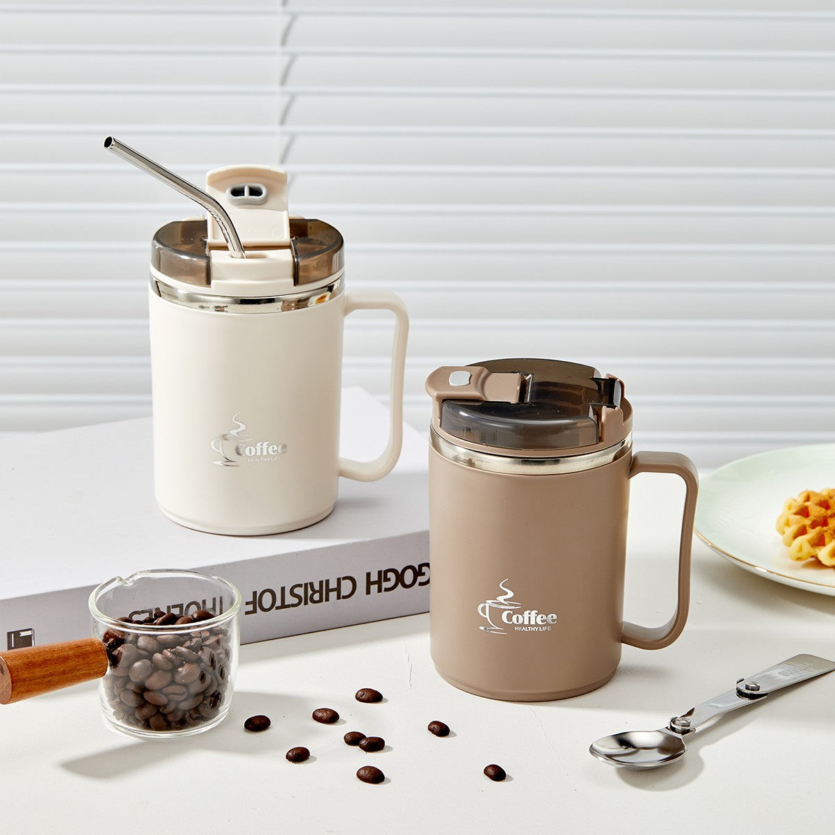 WORTHBUY Copo de café térmico de parede duplo com filtro e colher 304 copo de