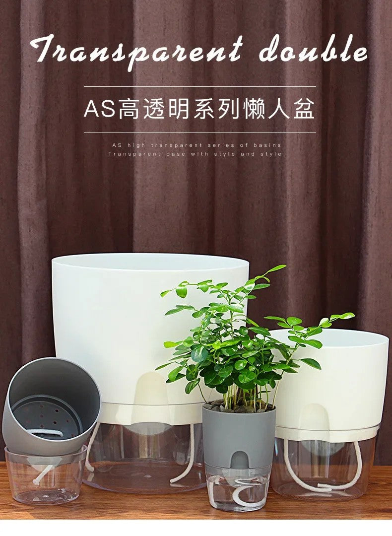 Vaso de flores de plástico transparente, camada dupla, rega automática, corda