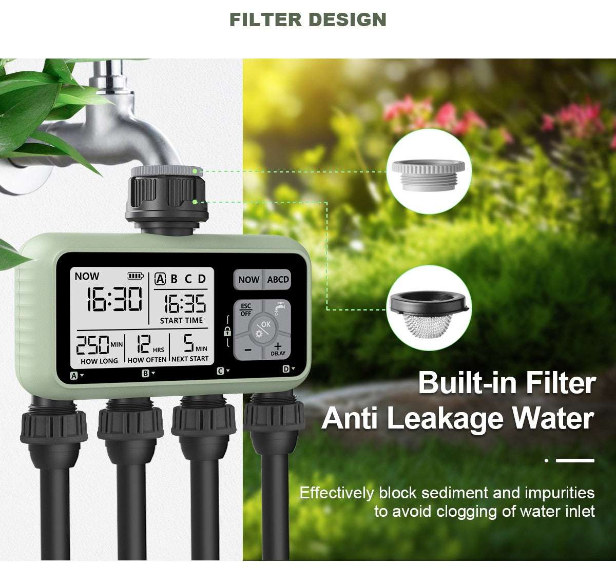 Reswat temporizadores de água de 4 saídas, aspersores multifuncionais, adaptação de vários calibres, instalação conveniente, ferramentas de jardim para jovens