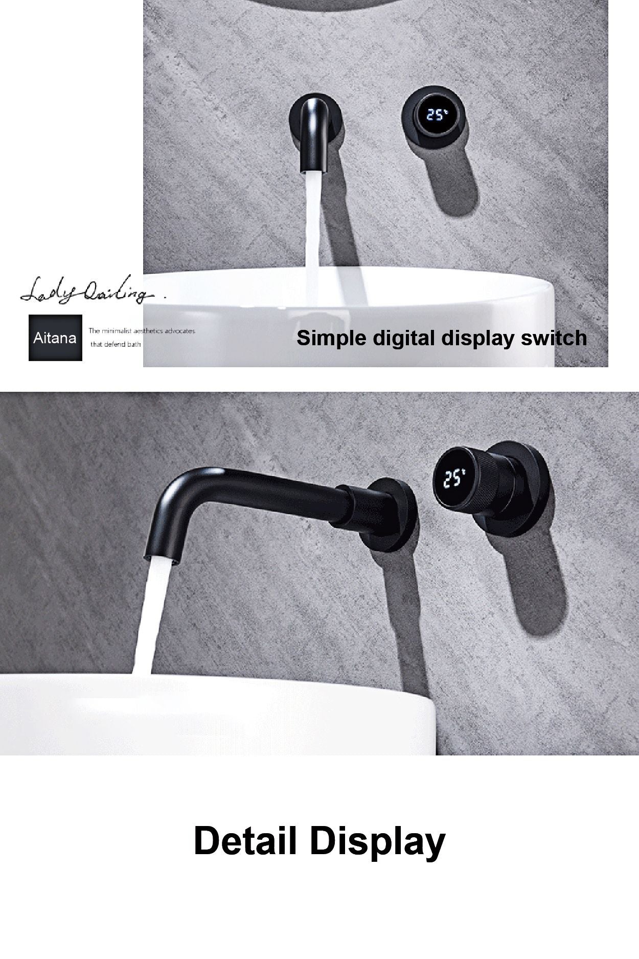 Torneira preta para banheiro, simples, inteligente, display digital, alça únic