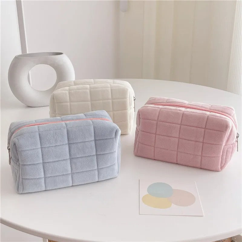 Bolsa de armazenamento de cosméticos de pele sólida, grande, feminina, zíper,