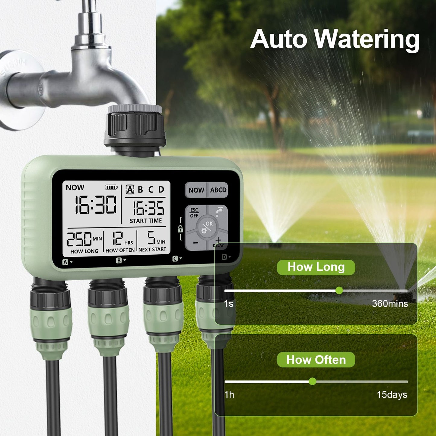 Reswat temporizadores de água de 4 saídas, aspersores multifuncionais, adaptação de vários calibres, instalação conveniente, ferramentas de jardim para jovens