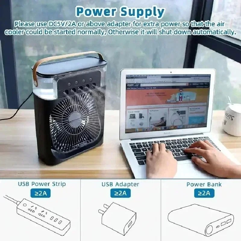 Ventilador com umidificador portátil de luz noturna LED - Mini refrigerador de