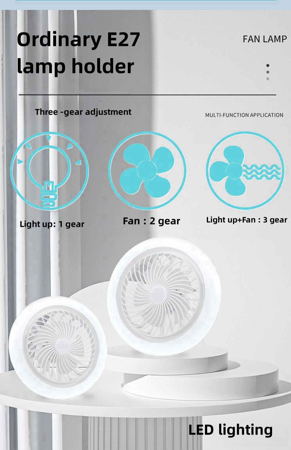 Ventilador de teto inteligente 3 em 1 com lâmpada de iluminação com controle