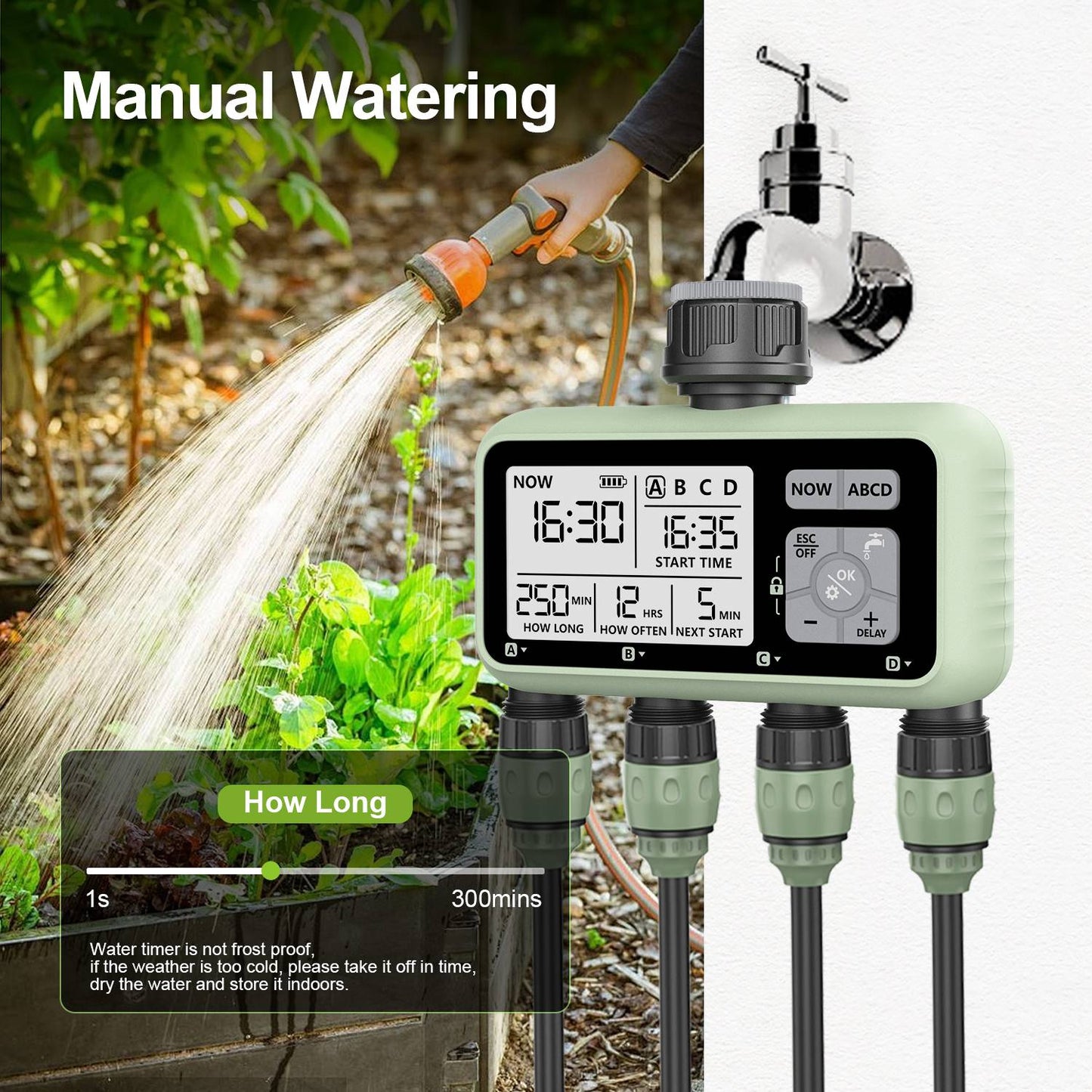 Reswat temporizadores de água de 4 saídas, aspersores multifuncionais, adaptação de vários calibres, instalação conveniente, ferramentas de jardim para jovens