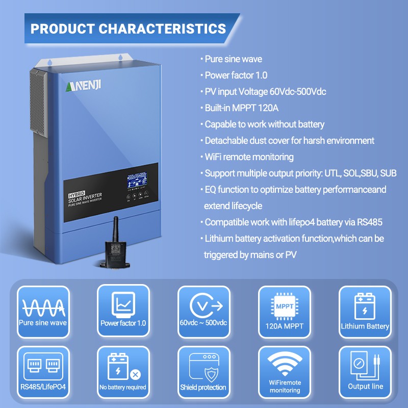 ANENJI 4KW 6.2KW 11KW Inversor Solar Híbrido 24V 48V 230VAC Max PV 500V 100A 12
