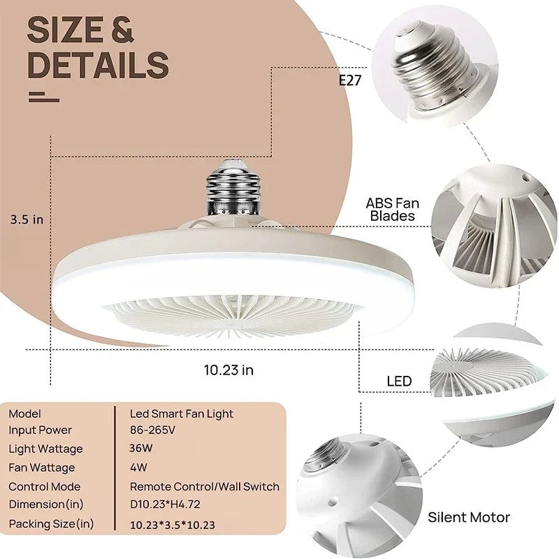 Ventilador de teto inteligente 3 em 1 com lâmpada de iluminação com controle