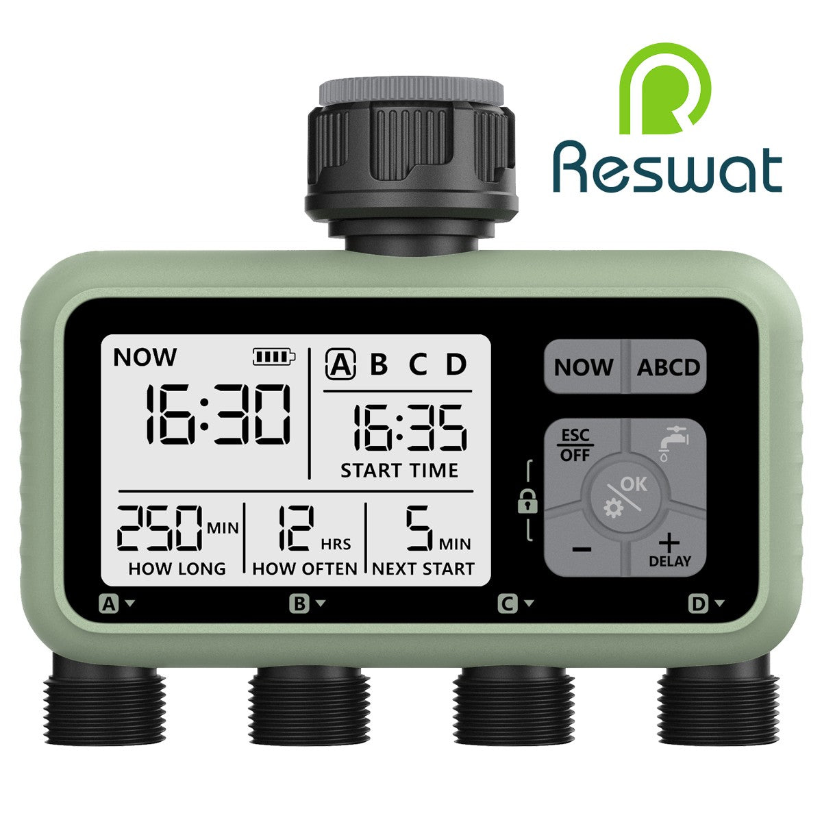 Reswat temporizadores de água de 4 saídas, aspersores multifuncionais, adaptação de vários calibres, instalação conveniente, ferramentas de jardim para jovens