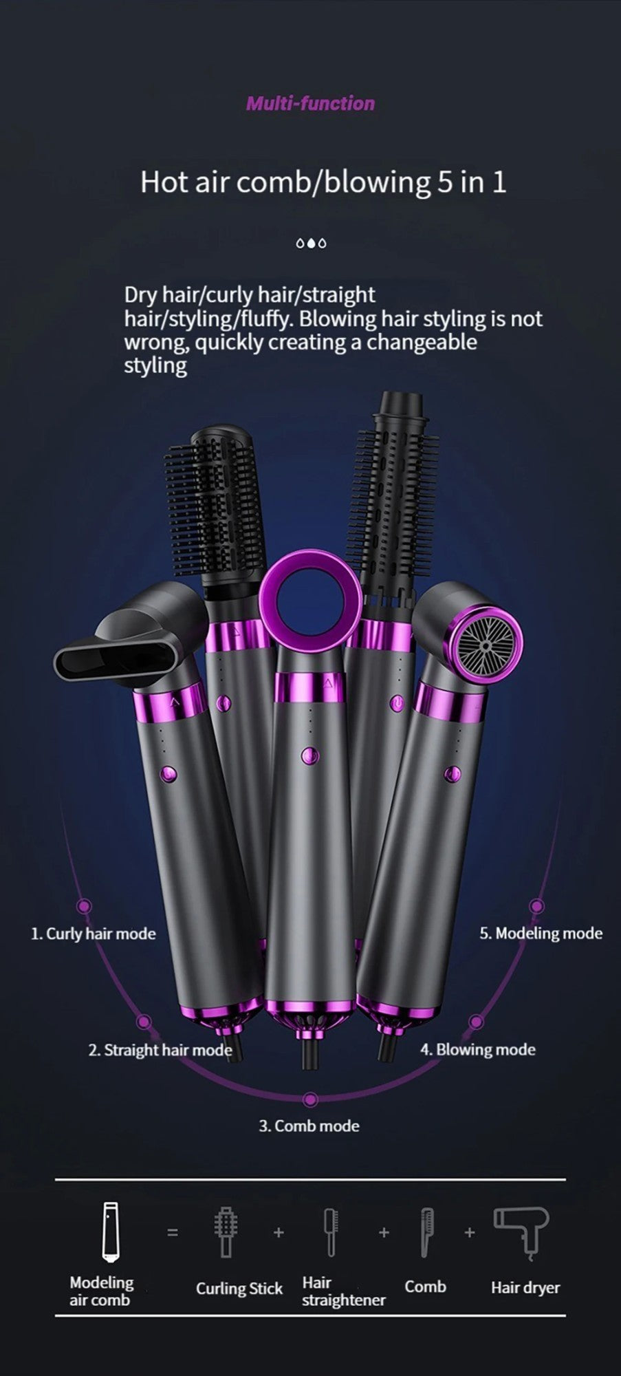 Secador de cabelo multifuncional 5 em 1, pente de ar quente, haste de ondulação automática, pente de cabelo reto, ferramenta estilo salão de beleza, secagem rápida