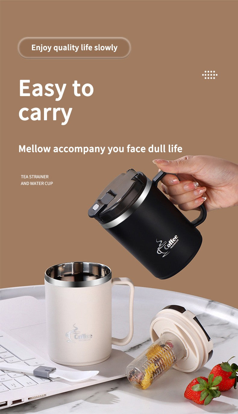 WORTHBUY Copo de café térmico de parede duplo com filtro e colher 304 copo de
