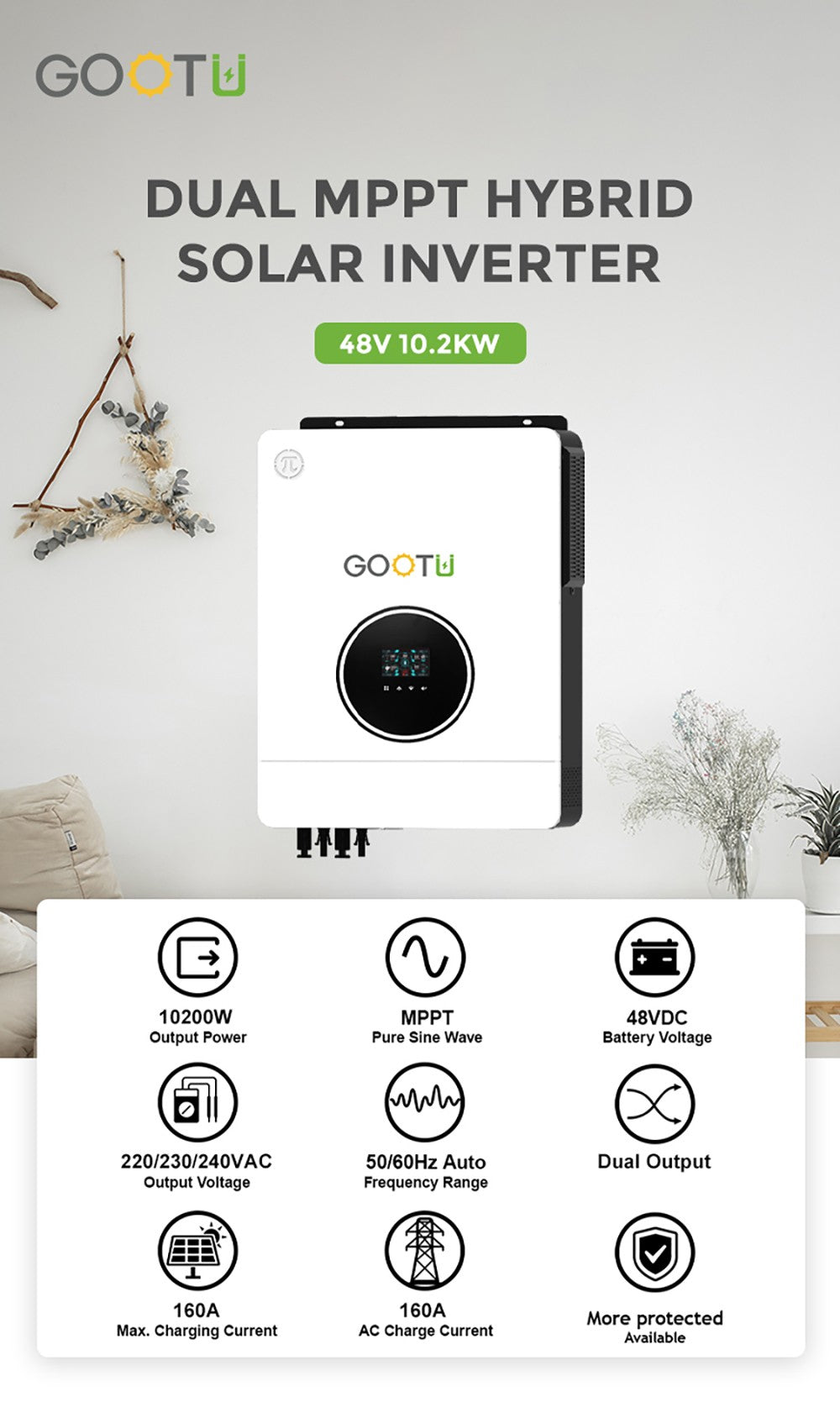 Gootu 6.2kw/10.2kw inversor solar híbrido saída dupla 24v/48v mppt 160a onda s