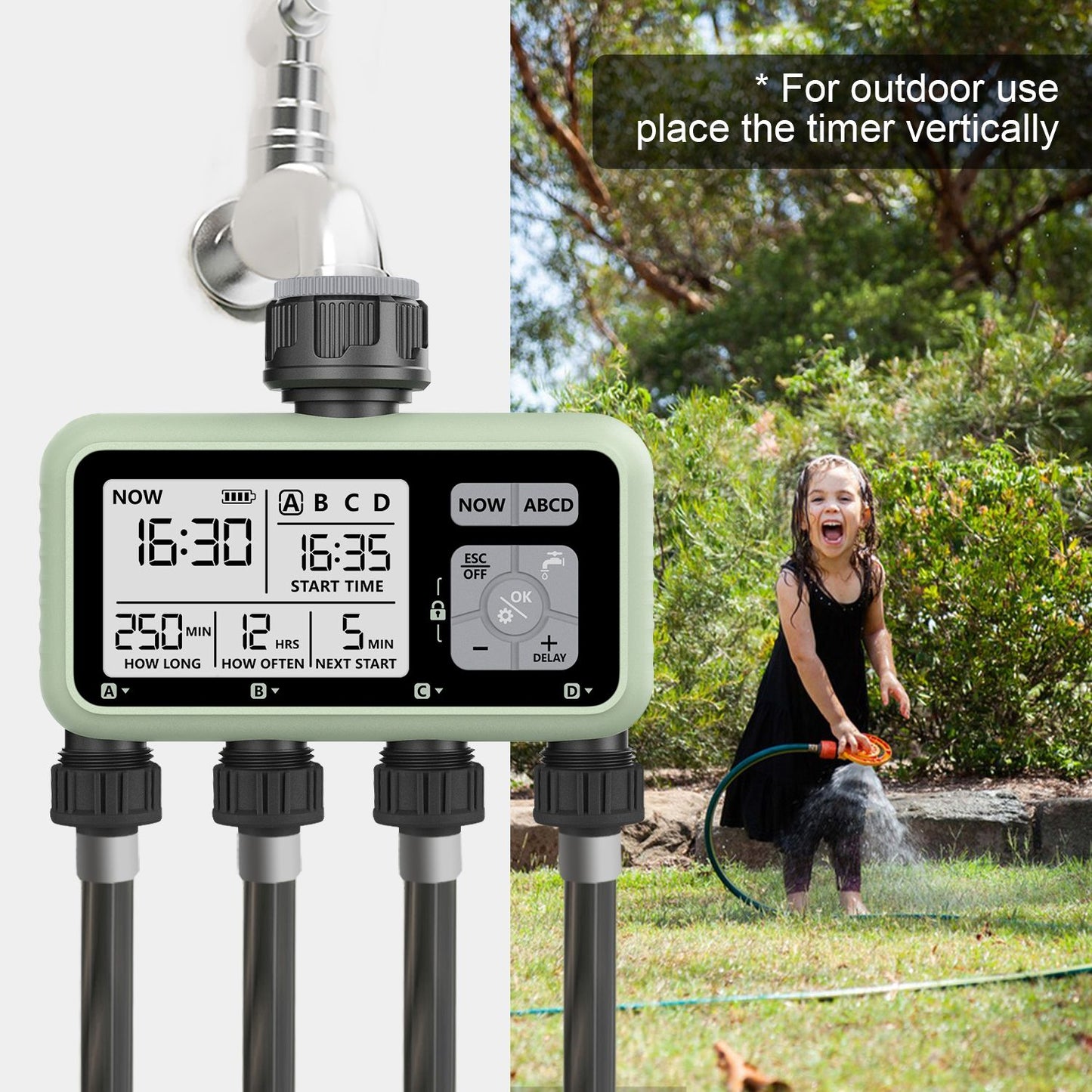 Reswat temporizadores de água de 4 saídas, aspersores multifuncionais, adaptação de vários calibres, instalação conveniente, ferramentas de jardim para jovens