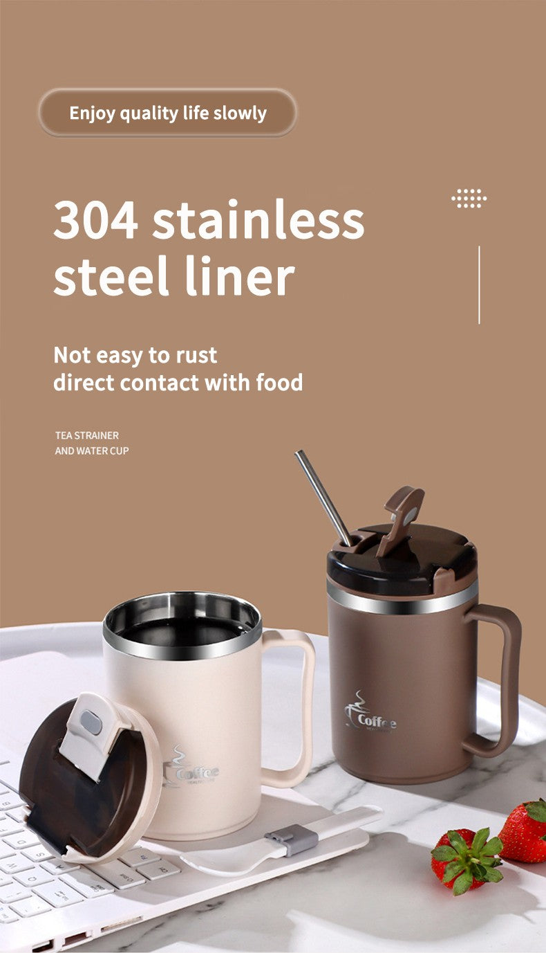 WORTHBUY Copo de café térmico de parede duplo com filtro e colher 304 copo de
