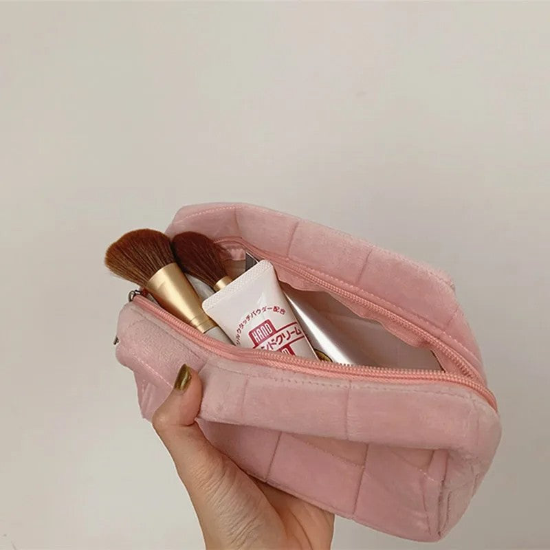 Bolsa de armazenamento de cosméticos de pele sólida, grande, feminina, zíper,