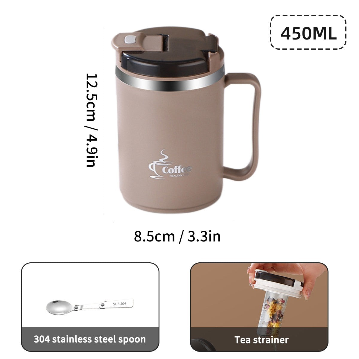 WORTHBUY Copo de café térmico de parede duplo com filtro e colher 304 copo de