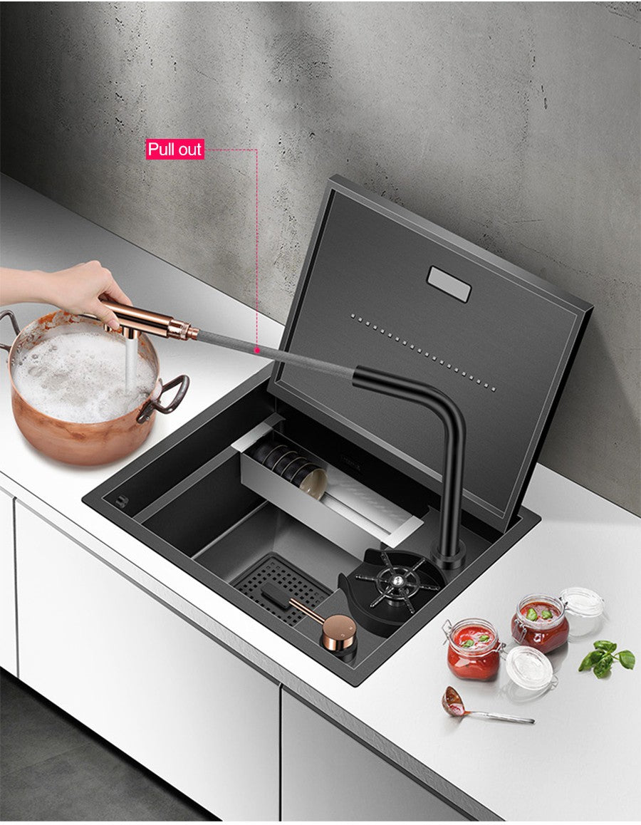 Nanômetro escondido barra ilha pia de cozinha 304 aço inoxidável flip capa es