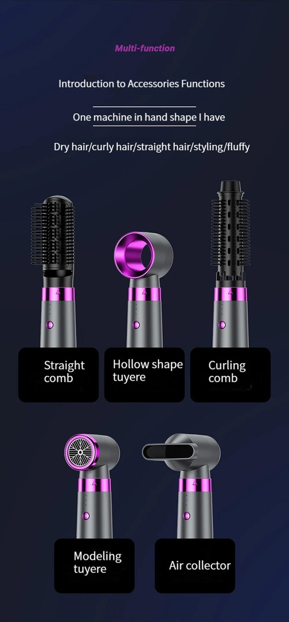 Secador de cabelo multifuncional 5 em 1, pente de ar quente, haste de ondulação automática, pente de cabelo reto, ferramenta estilo salão de beleza, secagem rápida