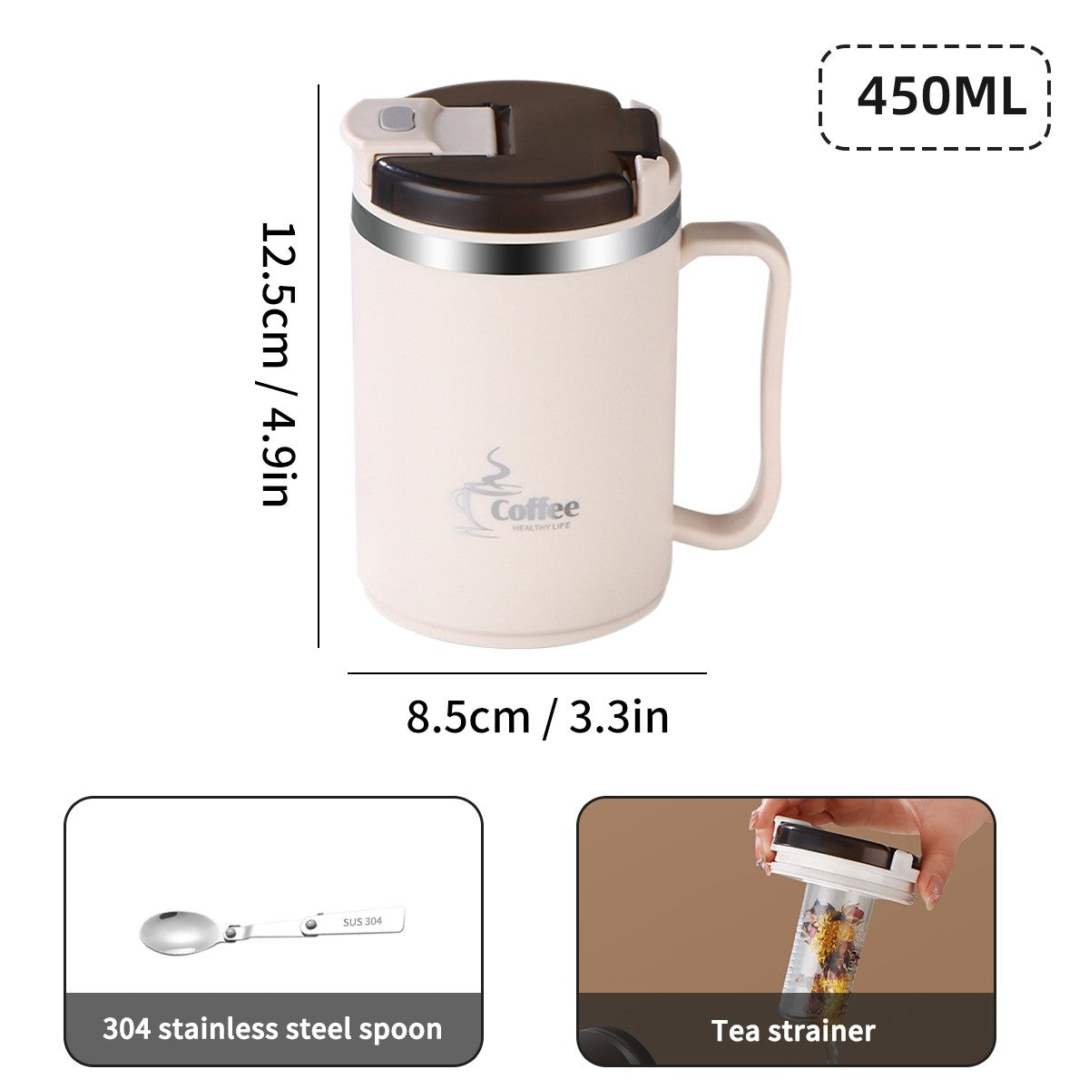 WORTHBUY Copo de café térmico de parede duplo com filtro e colher 304 copo de