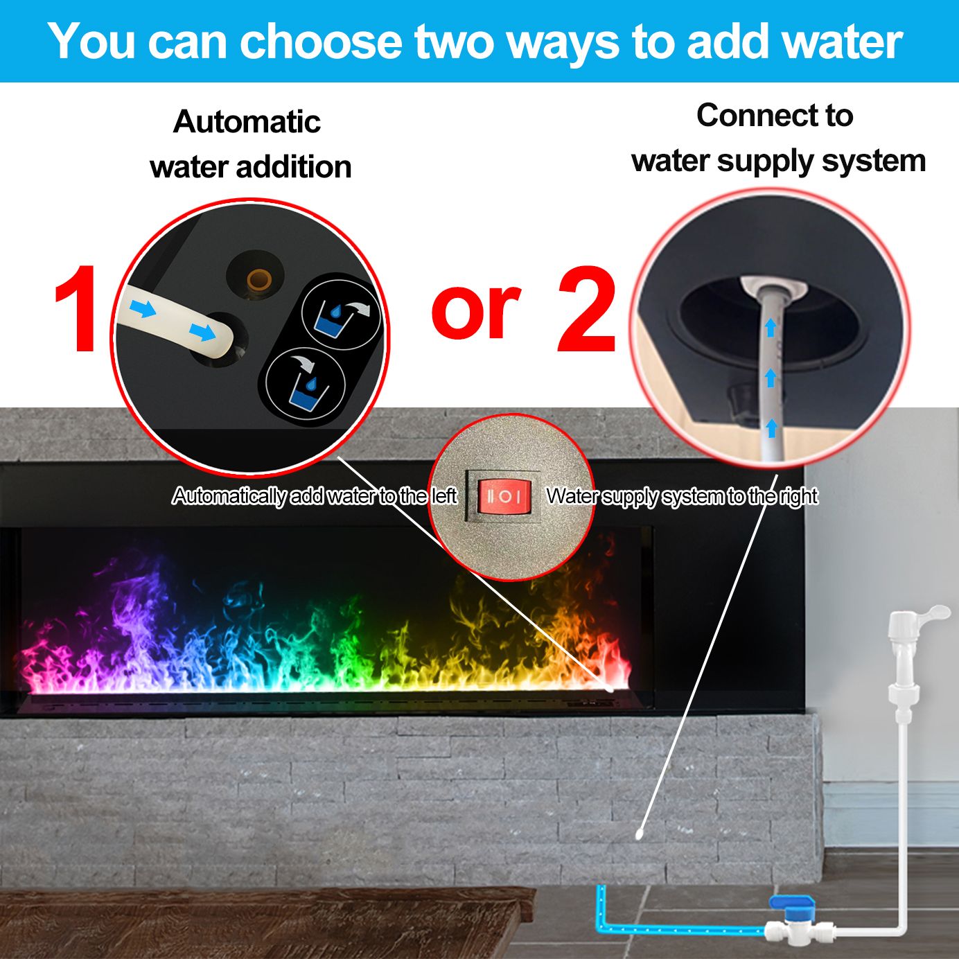 A lareira 3D inteligente com umidificador de vapor de água, chama LED decorativ