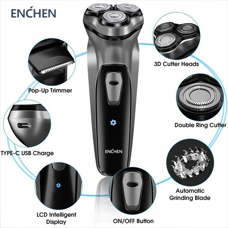 Barbeador rotativo elétrico Enchen Blackstone para homens, lâmina flutuante 3D