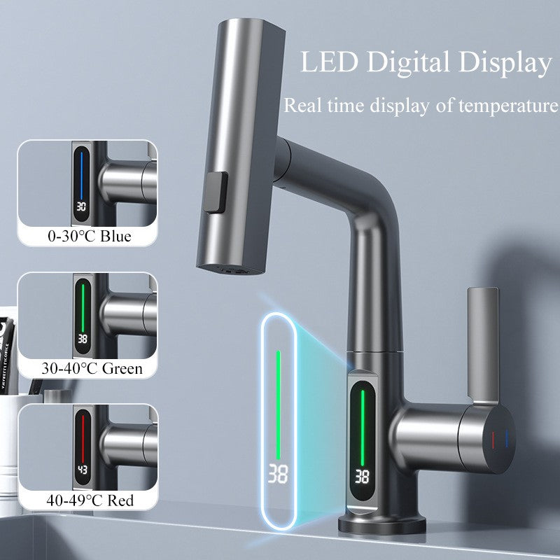Torneira para lavatório com display digital inteligente, 3 funções, Puxe o Bi