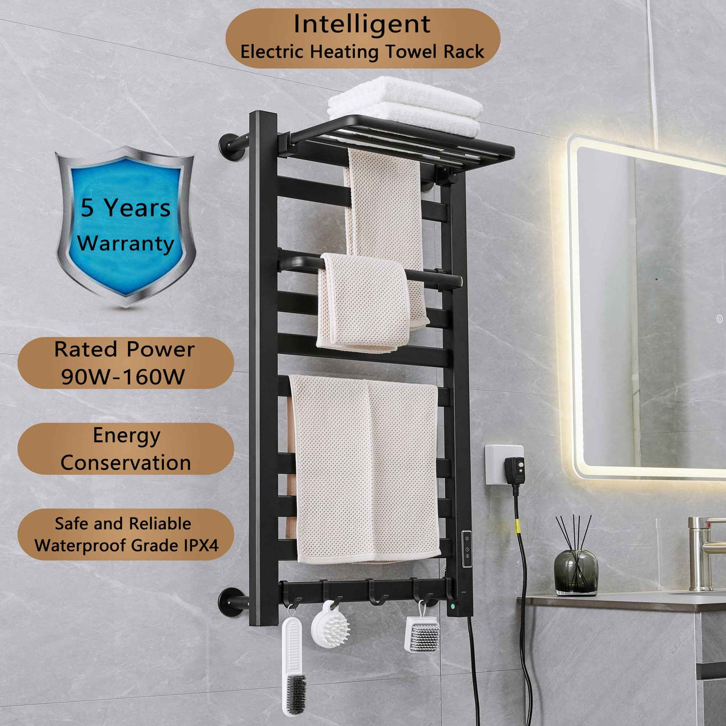 Banheiro inteligente Toalheiro Aquecido Elétrico Preto Trilho De Toalha Elétri