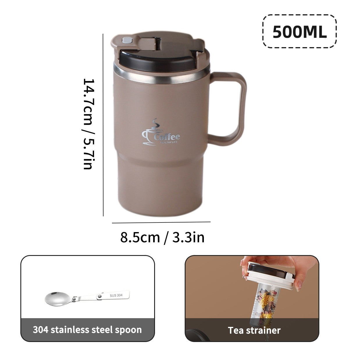 WORTHBUY Copo de café térmico de parede duplo com filtro e colher 304 copo de