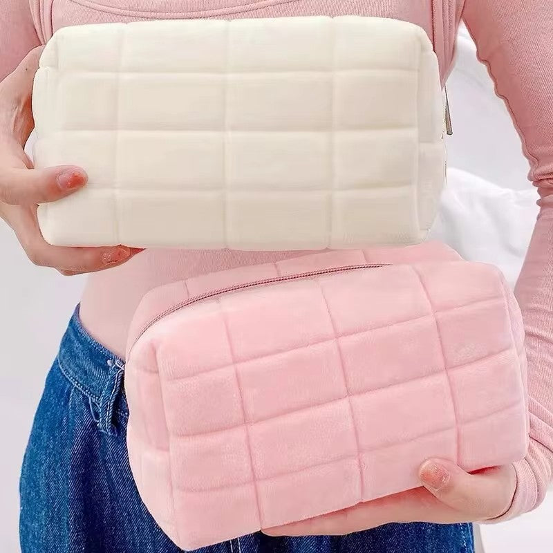 Bolsa de armazenamento de cosméticos de pele sólida, grande, feminina, zíper,