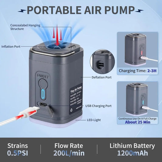 Mini bomba de ar portátil com bateria de 1300mAh recarregável USB para inflar