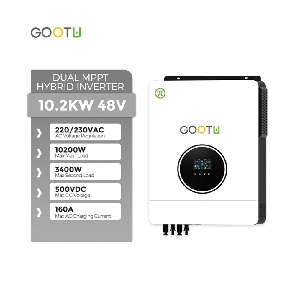 Gootu 6.2kw/10.2kw inversor solar híbrido saída dupla 24v/48v mppt 160a onda s