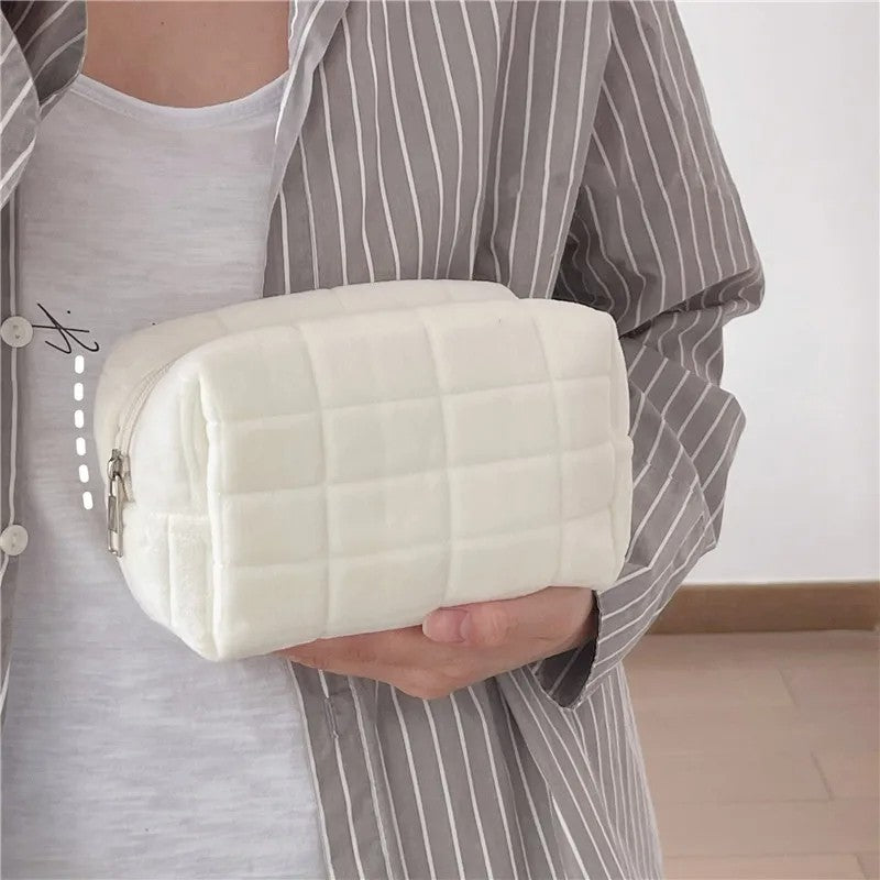 Bolsa de armazenamento de cosméticos de pele sólida, grande, feminina, zíper,