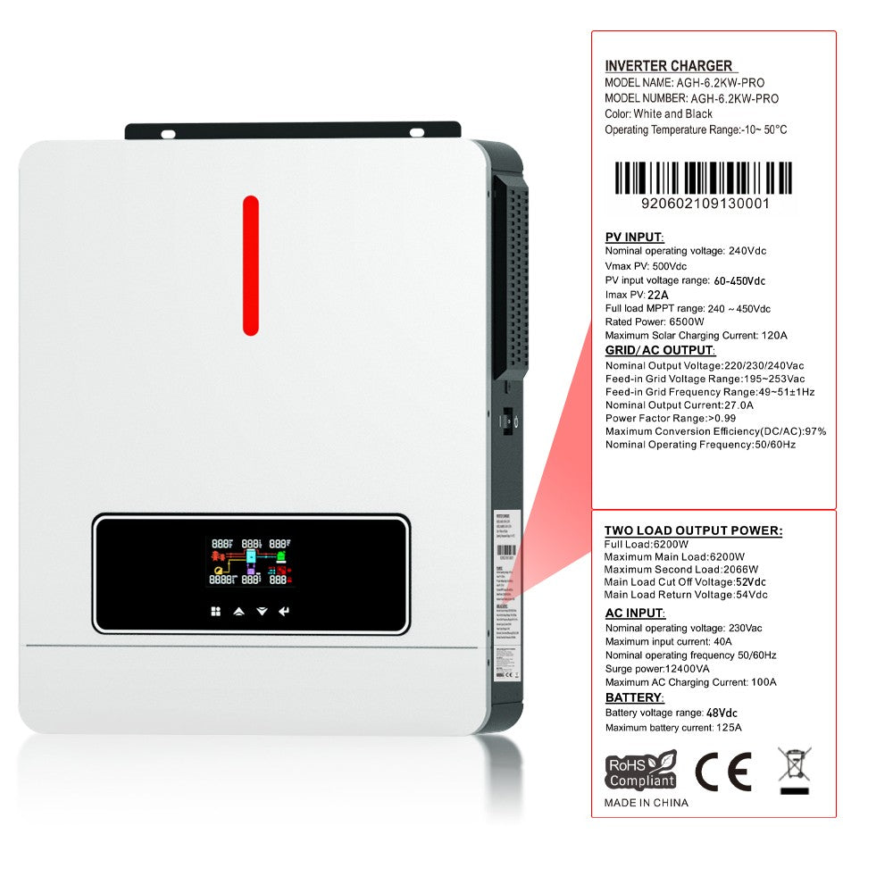 Daxtromn 6.2KW Inversor solar híbrido 48V 230VAC Inversor de onda senoidal pura