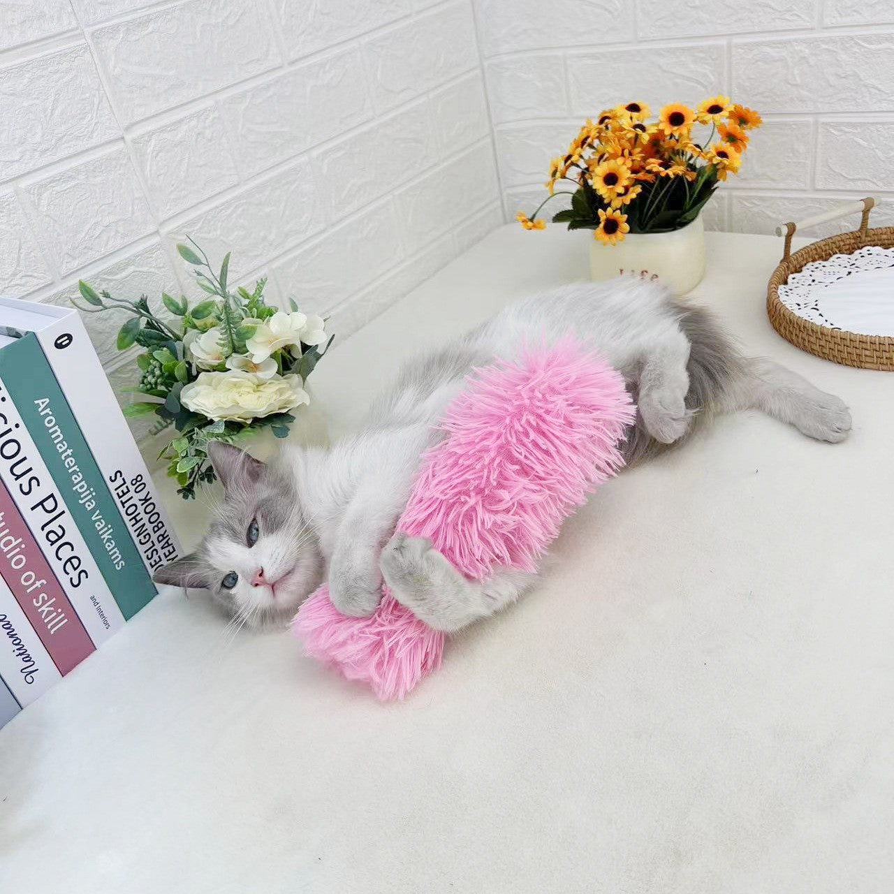 Gato de pelúcia mastigar brinquedo catnip auto-hi mordida brinquedos tira trave