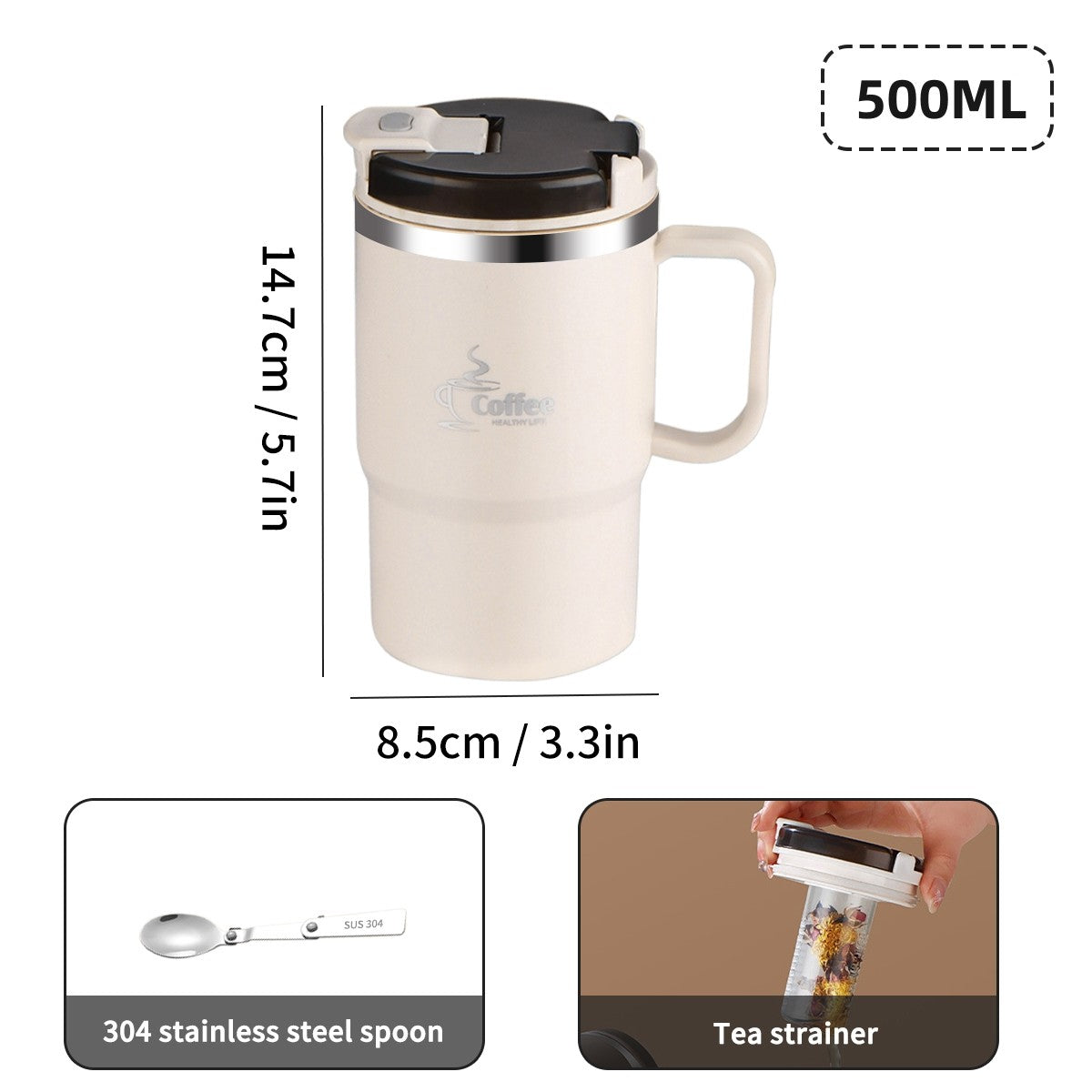 WORTHBUY Copo de café térmico de parede duplo com filtro e colher 304 copo de