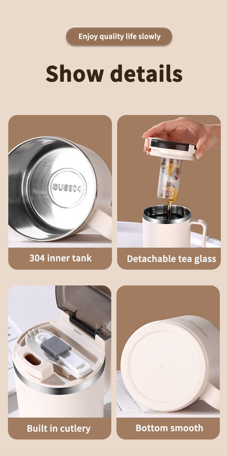 WORTHBUY Copo de café térmico de parede duplo com filtro e colher 304 copo de